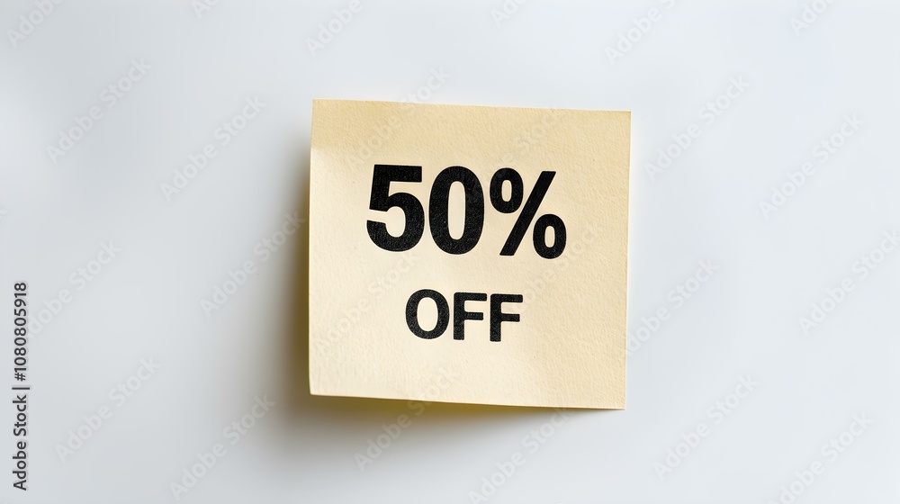 Black '50% OFF' Text on a Beige Square Paper Note. White Background with Copy Space Black '50% OFF' Text on a Beige Square Paper Note. White Background with Copy Space