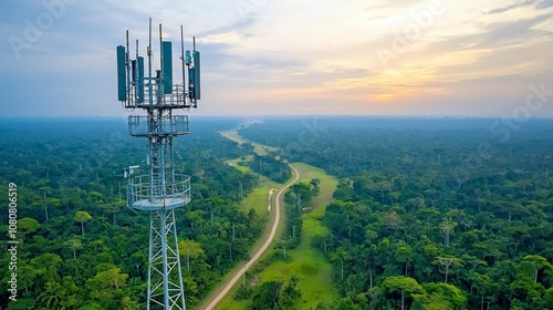 A towering cell tower stands amidst lush green forests, connected by a winding road, under a picturesque sky at sunset.