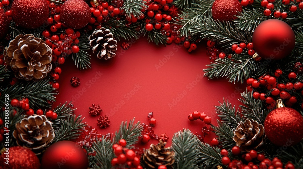Festive christmas wreath with pinecones and red baubles on a vibrant red background Festive christmas wreath with pinecones and red baubles on a vibrant red background