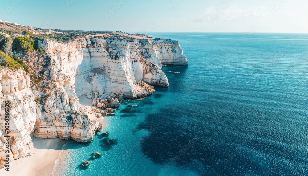A breathtaking coastal scene featuring steep white cliffs overlooking tranquil turquoise waters under a clear blue sky. A breathtaking coastal scene featuring steep white cliffs overlooking tranquil turquoise waters under a clear blue sky.