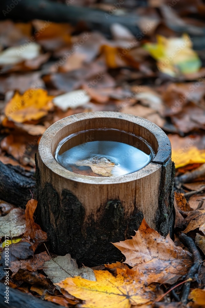 A wooden bowl filled with water among fallen leaves.