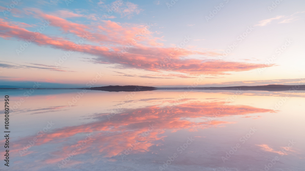 Fototapeta premium A serene sunset over a calm salt flat, showcasing beautiful reflections of pink and orange clouds on the water's surface.