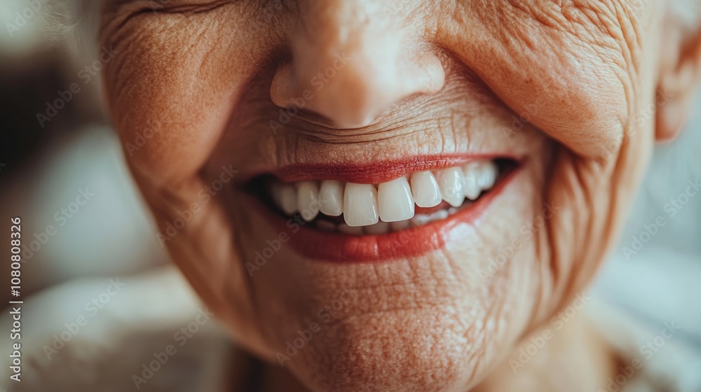 Obraz premium Close up of an elderly person showcasing a healthy confident smile with beautiful teeth highlights orthodontics dentures and dental implants for promotional purposes