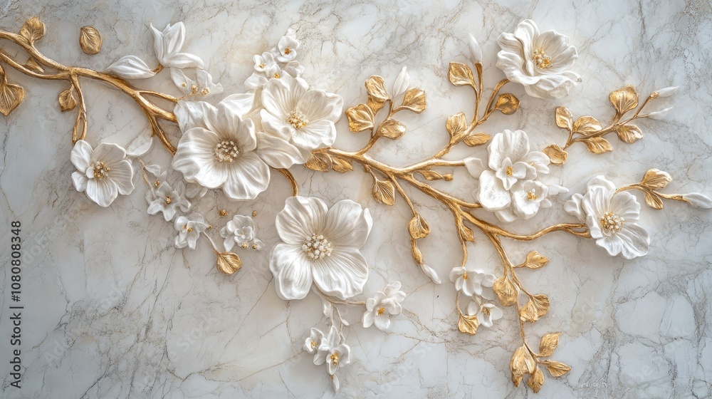 Wall art showcasing a marble backdrop embellished with detailed white and gold floral patterns adding an elegant touch to any setting as a stunning decorative piece Wall art showcasing a marble backdrop embellished with detailed white and gold floral patterns adding an elegant touch to any setting as a stunning decorative piece