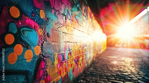 Vibrant street art featuring graffiti on a wall enhanced by a luminous sunlight flare photo