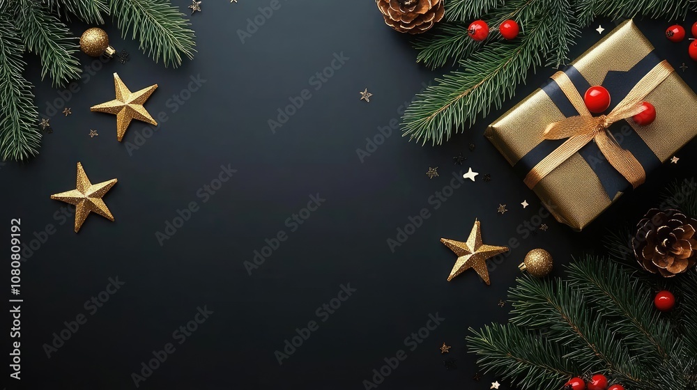 Festive Christmas Decor with Gold Gift Box and Pine Branches Festive Christmas Decor with Gold Gift Box and Pine Branches