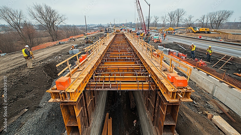 Construction site with workers and steel beams for a bridge Construction site with workers and steel beams for a bridge