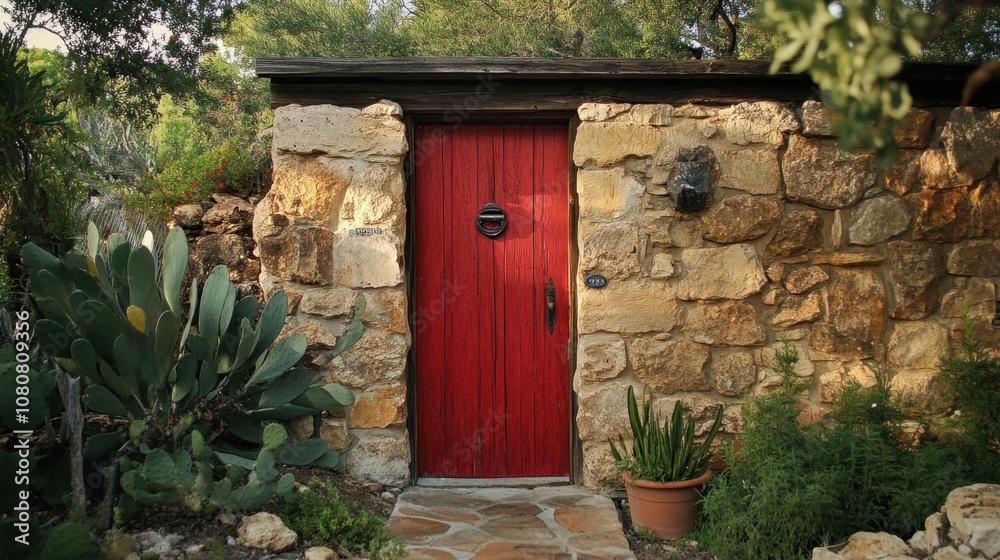Rustic Red Door in Stone Wall Surrounded by Lush Greenery and Cacti Showcasing Nature's Beauty and Unique Architectural Elements in Tranquil Outdoor Setting Rustic Red Door in Stone Wall Surrounded by Lush Greenery and Cacti Showcasing Nature's Beauty and Unique Architectural Elements in Tranquil Outdoor Setting