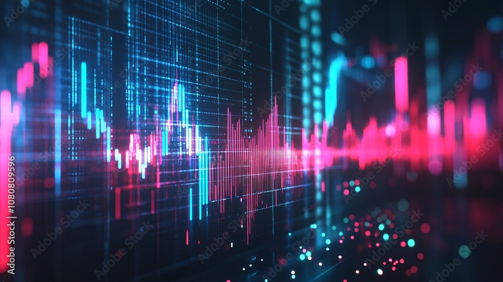 Glowing digital charts showing growing stock market data on a screen Glowing digital charts showing growing stock market data on a screen