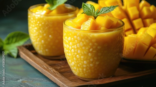 Mango sago pudding topped with fresh mango pieces served on a wooden tray A delightful and refreshing dessert for summer