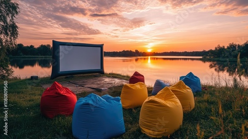 Colorful bean bags set up in front of an inflatable screen, overlooking a lake at sunset photo