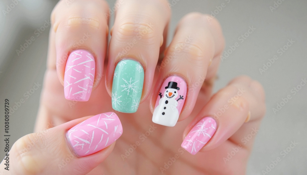 Nails in delicate pastel colors (pink, mint) with thin white lines imitating snow patterns
Nails in delicate pastel colors (pink, mint) with thin white lines imitating snow patterns