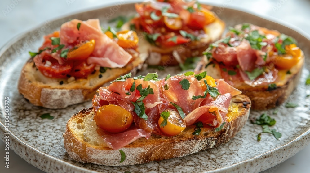Variety of bruschetta topped with prosciutto tomatoes and herbs on a textured plate