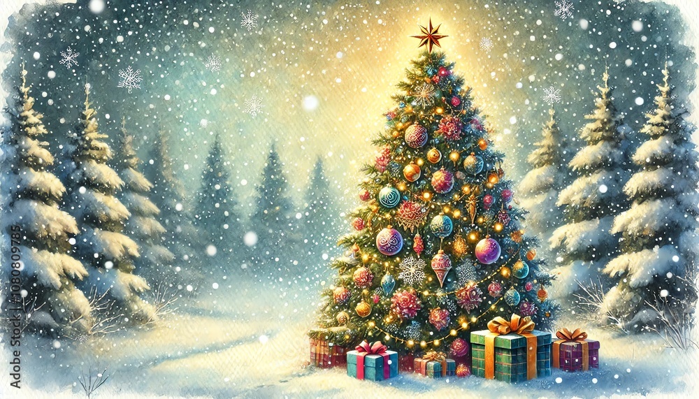 A beautifully decorated Christmas tree standing in a snowy outdoor setting A beautifully decorated Christmas tree standing in a snowy outdoor setting