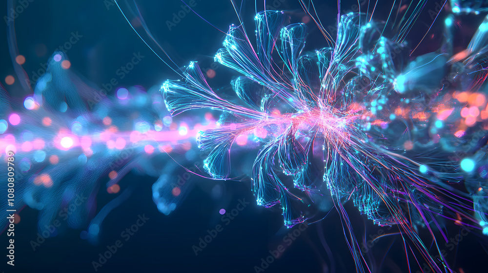 Big data artificial intelligence machine learning neural network flow complex information science innovation technology data analysis visualization cyberspace future. 3d rendering. Big data artificial intelligence machine learning neural network flow complex information science innovation technology data analysis visualization cyberspace future. 3d rendering.