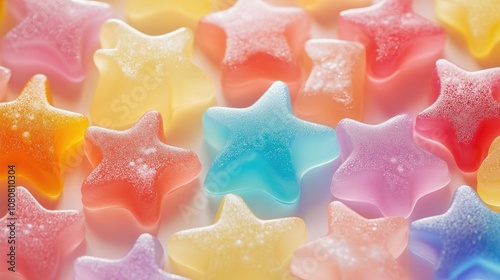 Colorful jelly candies in shapes like stars and hearts, displayed in an aesthetic layout