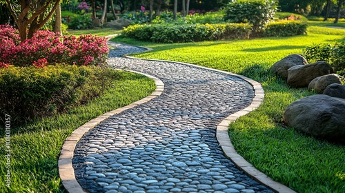 Winding garden path paved with cobblestones amidst lush greenery photo