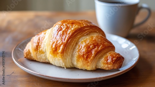 Croissant pastry on a plate with a coffee cup in the background