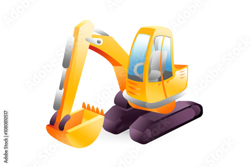 Realistic construction excavator illustration in 3D style.