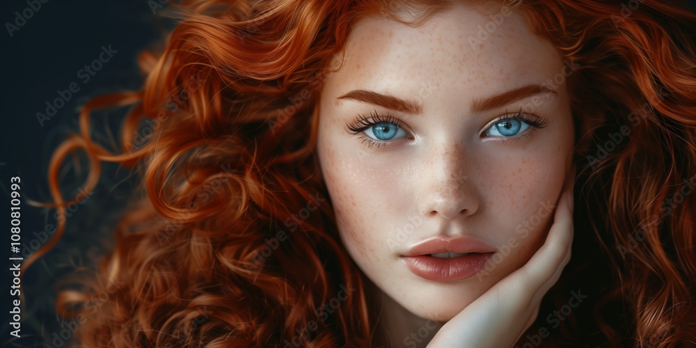 Fototapeta premium The portrait features a captivating redhaired model with stunning blue eyes and curly hair, exuding elegance, allure, and exceptional beauty with a strong and timeless expression
