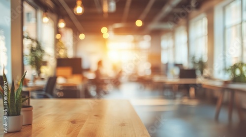 Blurred focus on a contemporary open space office interior suitable for use as a background Wide panorama with a digital touch