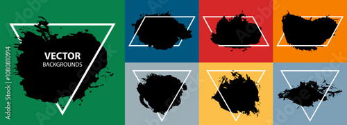 Grunge backgrounds set. Brush black paint ink stroke over various frame. Vector illustration. Dirty element design, grunge, texture or background for text.