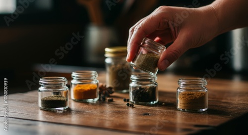 Hand Arranging Spices in Small Glass Jars on Countertop