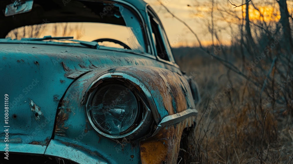 Fototapeta premium Abandoned car with missing front bumper captured outdoors in a close up side view