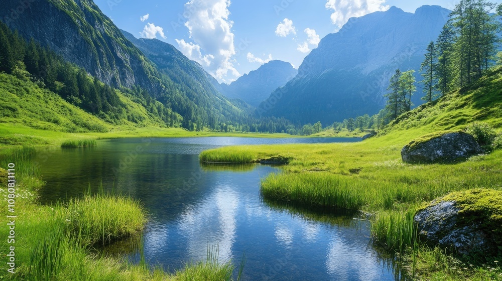Serene Landscape Featuring a Lake Mountainous Backdrop and Lush Grass Serene Landscape Featuring a Lake Mountainous Backdrop and Lush Grass