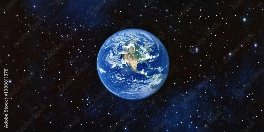 Obraz premium Stunning View of Earth from Space Surrounded by Stars and Deep Cosmic Background, Capturing the Beauty of Our Planet in a Vast Universe of Galaxies and Nebulae