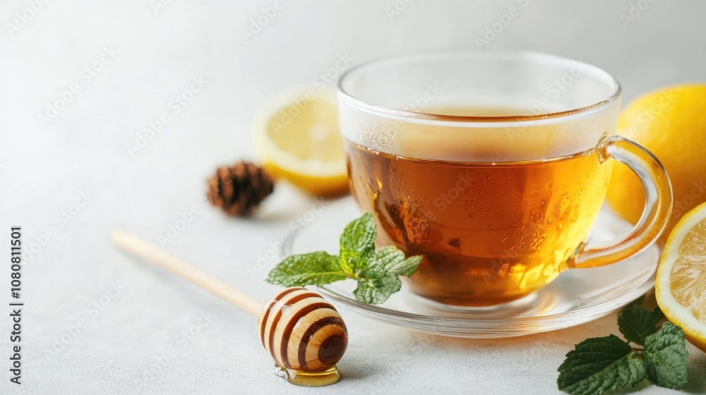 Glass teacup filled with tea garnished with honey lemon and mint against a plain white backdrop Glass teacup filled with tea garnished with honey lemon and mint against a plain white backdrop