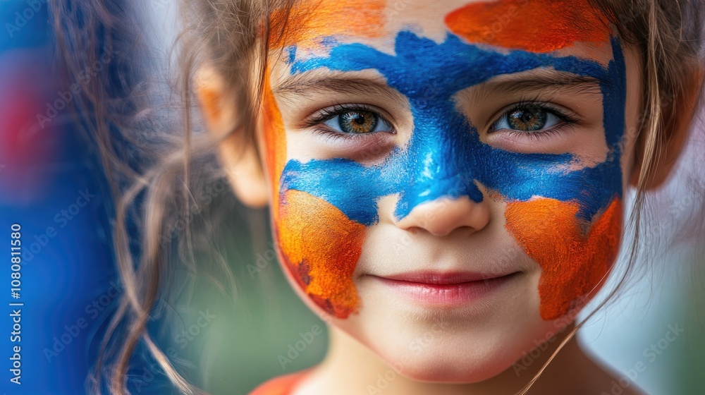 A young girl sporting vibrant blue red and orange face paint expressing her passion as a dedicated football fan
