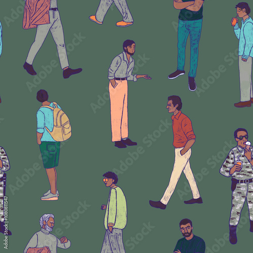 Pattern illustration of dark-skinned men of different ages and professions walking in the city. Retro doodle wallpaper - city people, lifestyle. Silhouettes of modern people going about their business photo