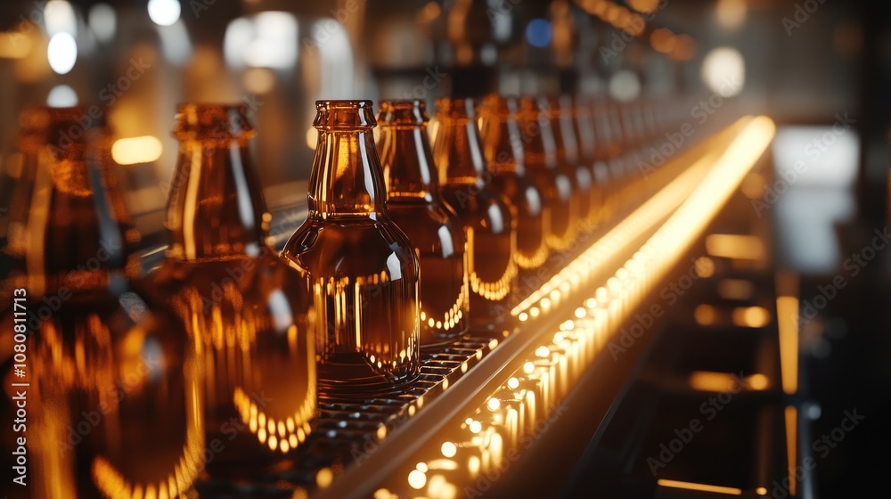 Brown glass beer bottles on a conveyor belt illuminated by lights showcasing a brewery production line and beer bottling process Brown glass beer bottles on a conveyor belt illuminated by lights showcasing a brewery production line and beer bottling process