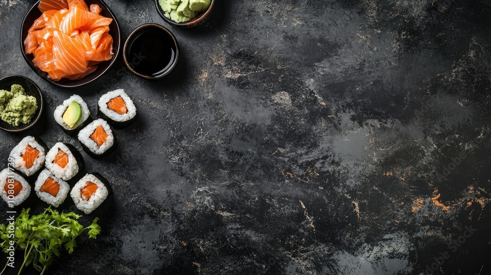 Sushi dish presented on a dark background with ample space for text