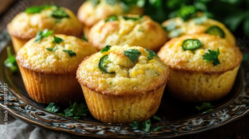 Savory jalapeno cornbread muffins presented on a decorative plate Close up of delicious baked treats garnished with fresh herbs