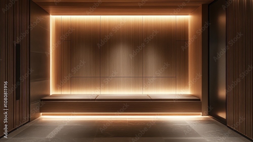 Minimalist entryway featuring wooden panels bench seating and integrated lighting Minimalist entryway featuring wooden panels bench seating and integrated lighting