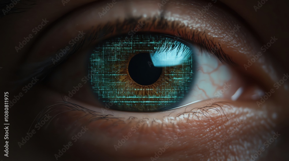 Obraz premium Close-up of a digitally enhanced eye with a futuristic pattern reflecting technology.