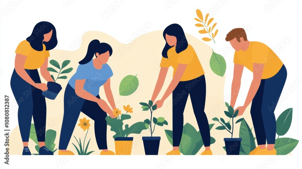Four people gardening together, planting vibrant flowers and greenery, AI Four people gardening together, planting vibrant flowers and greenery, AI