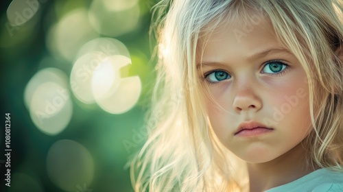 Defocused close up of a pensive blond girl with a serious expression Blurred green nature bokeh creates a soft background for this portrait of a confused child