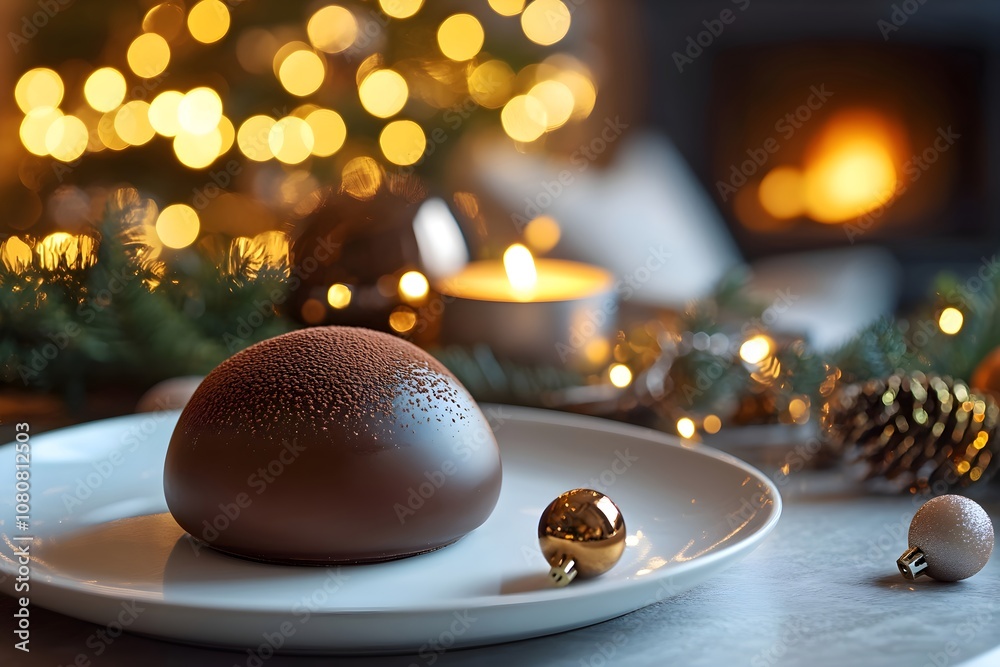 Fototapeta premium Close-up of a chocolate dome, dôme au chocolat, dusted with cocoa powder on a white plate, set on a Christmas-decorated coffee table. Background: festive apartment, tree, fireplace