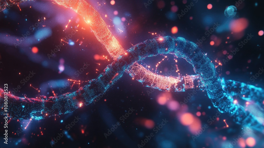 DNA strand glowing with a futuristic digital interface overlay, symbolizing genetic engineering and technology advancements DNA strand glowing with a futuristic digital interface overlay, symbolizing genetic engineering and technology advancements