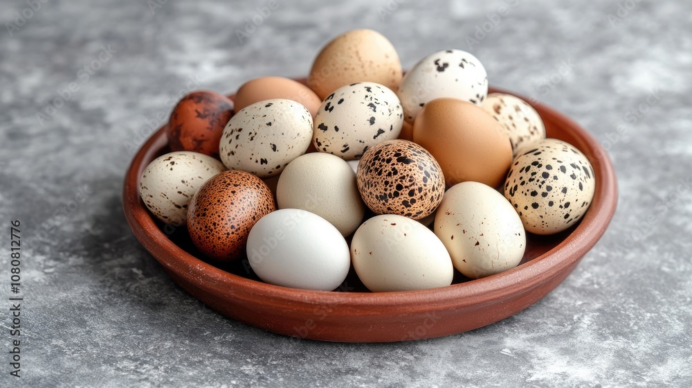 Fresh quail and chicken eggs displayed on a brown clay plate atop a gray marble table featuring selective soft focus High quality image Fresh quail and chicken eggs displayed on a brown clay plate atop a gray marble table featuring selective soft focus High quality image