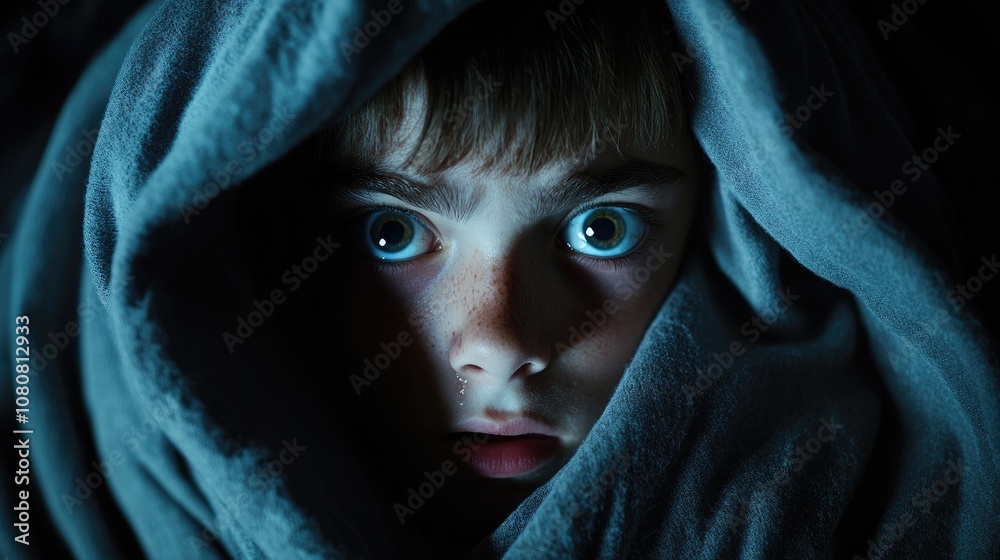 Teen Boy with Wide Eyes Under a Blanket Fearful and Contemplative at Night Teen Boy with Wide Eyes Under a Blanket Fearful and Contemplative at Night