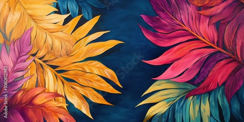 Vibrant Botanical Artwork Featuring Colorful Tropical Leaves in Shades of Yellow, Orange, Pink, and Green Set Against a Dark Background for Nature-inspired Aesthetic