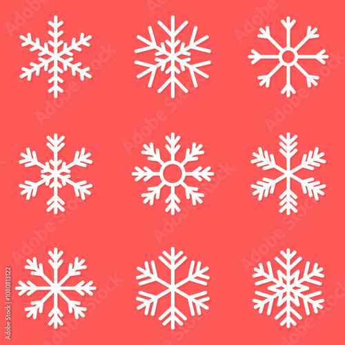 Set of snowflakes on red background. Christmas decoration