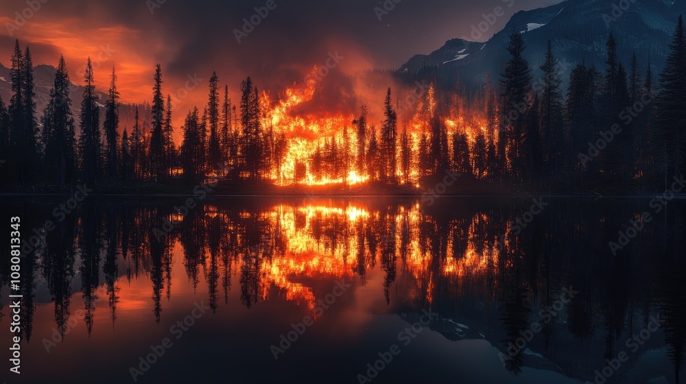 Nighttime forest fire reflection on a serene lake Nighttime forest fire reflection on a serene lake
