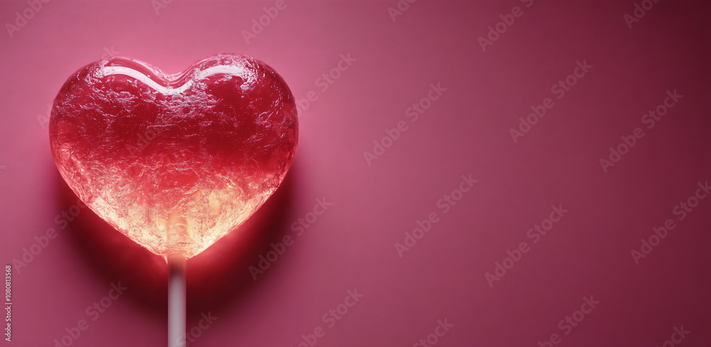 one pink Valentine's Day heart shaped lollipops against an empty pastel pink background. Love concept. Top view. Minimalist style one pink Valentine's Day heart shaped lollipops against an empty pastel pink background. Love concept. Top view. Minimalist style