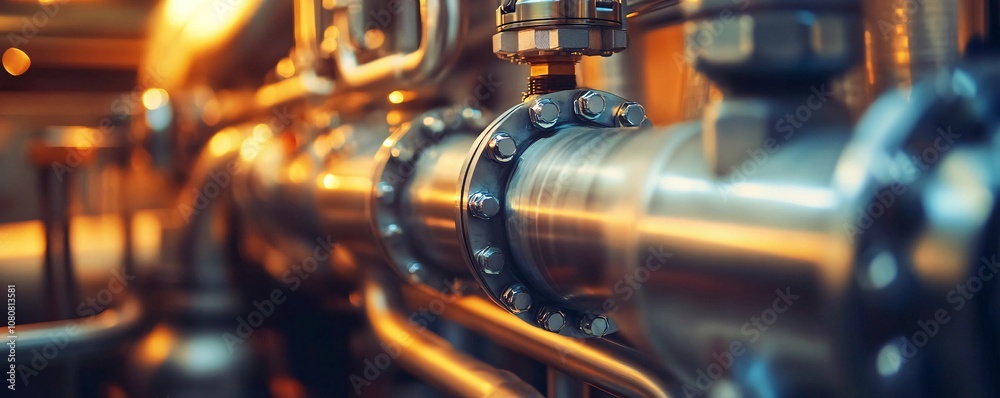 Industrial pipes system with flanges connecting steel pipes in a factory Industrial pipes system with flanges connecting steel pipes in a factory