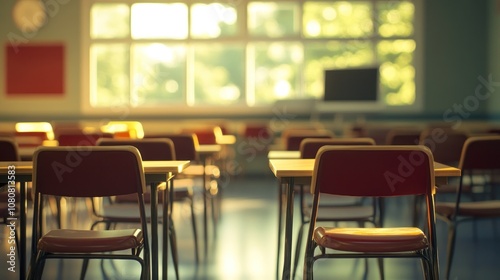 Empty Classroom with Sunlight Streaming Through Windows